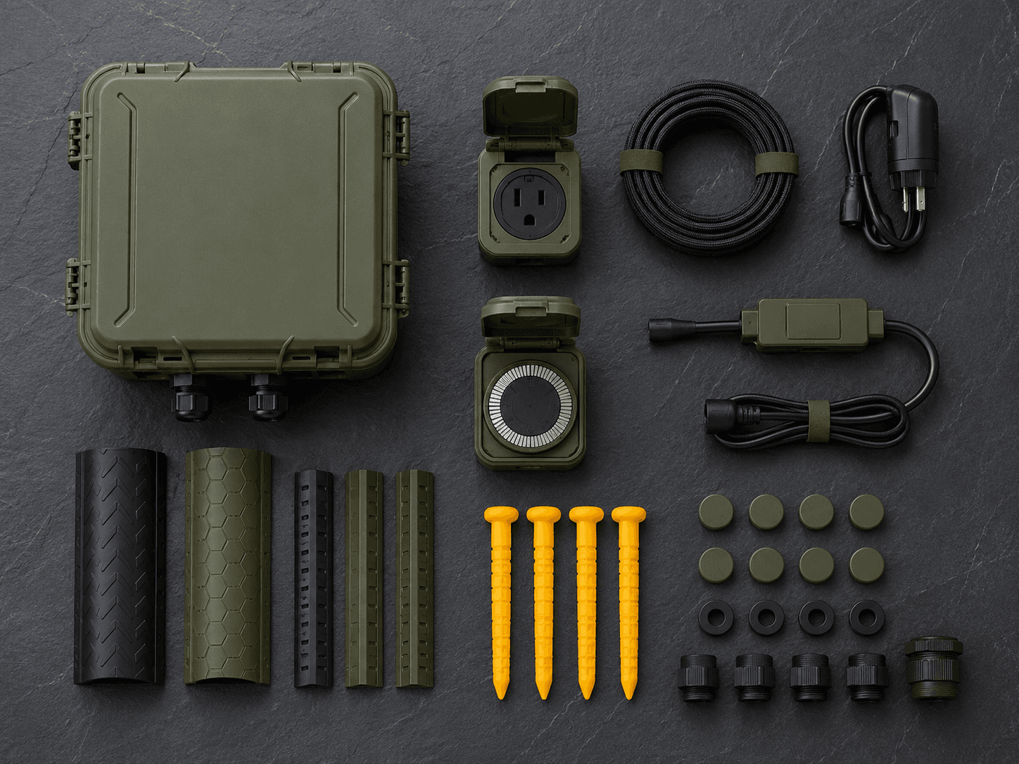 Every part of an outdoor power safety kit laid out separately