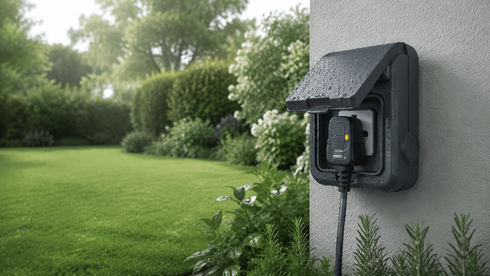 A weatherproof enclosure clipped over a garden socket with a plug-in RCD adapter, keeping outdoor power dry and shock-protected