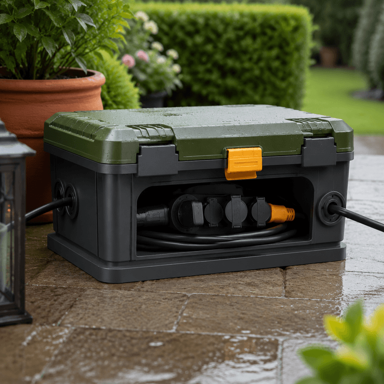 Extension Lead Safety Box — Sealed box that keeps an extension block and its plugs dry outdoors.