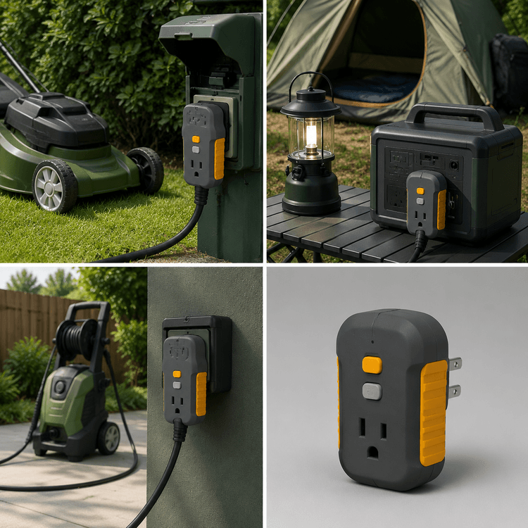 Plug-In RCD Adapter — Portable plug-in residual-current adapter with test and reset.