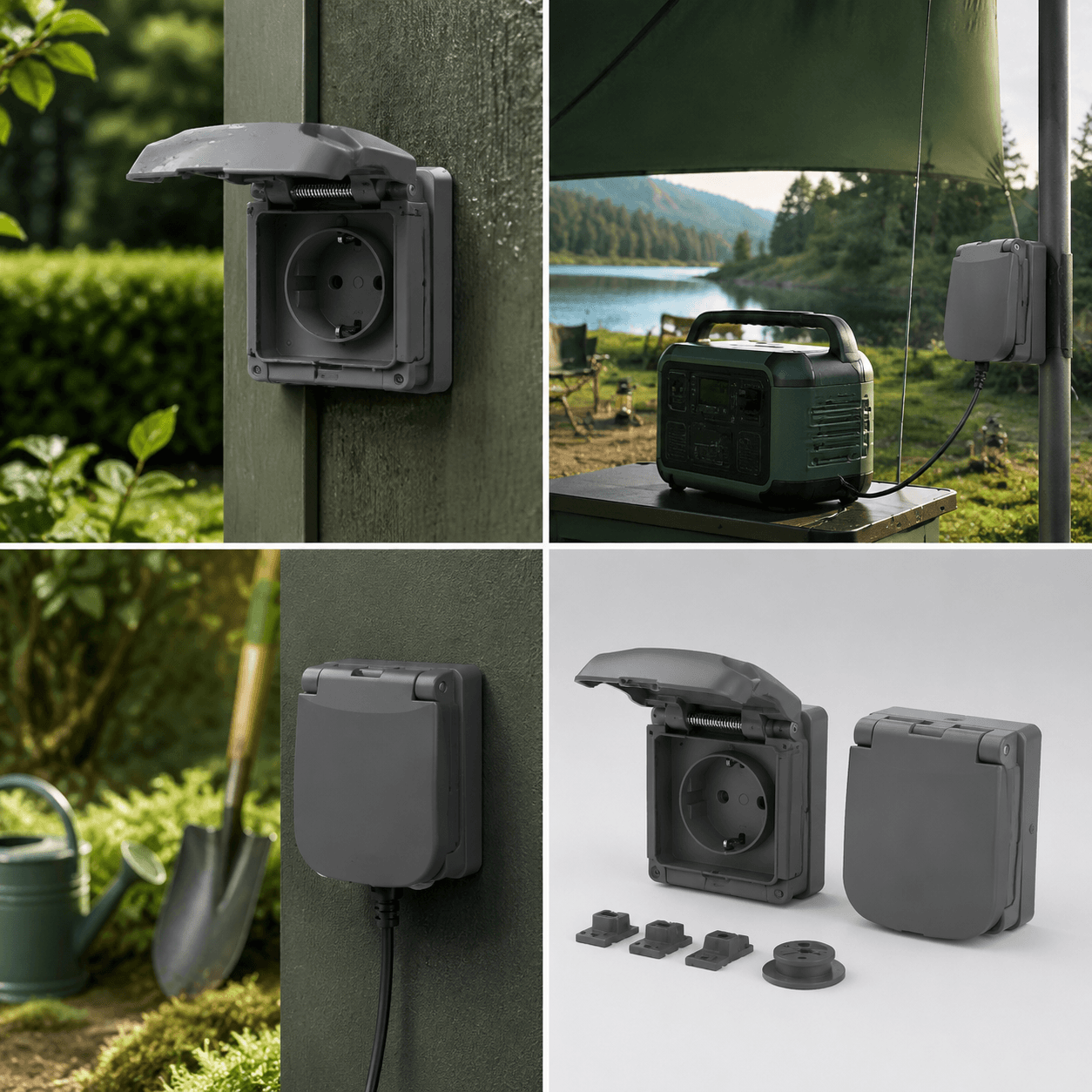 Socket Weather Flap Set — Spring-loaded flaps that shield an outdoor socket face from splashes.