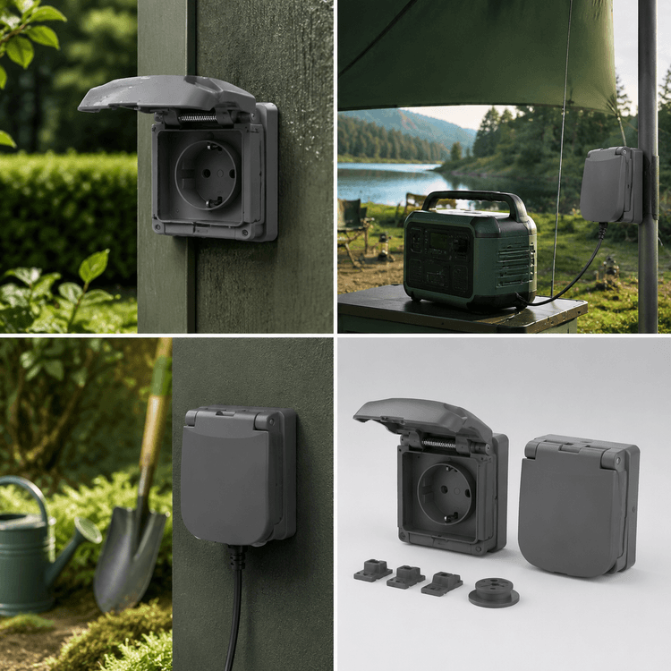 Socket Weather Flap Set — Spring-loaded flaps that shield an outdoor socket face from splashes.